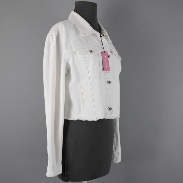 Hi Gorgeous NEW $245 Covo Sz M White Black Logo Button 100% Cotton Crop Jacket