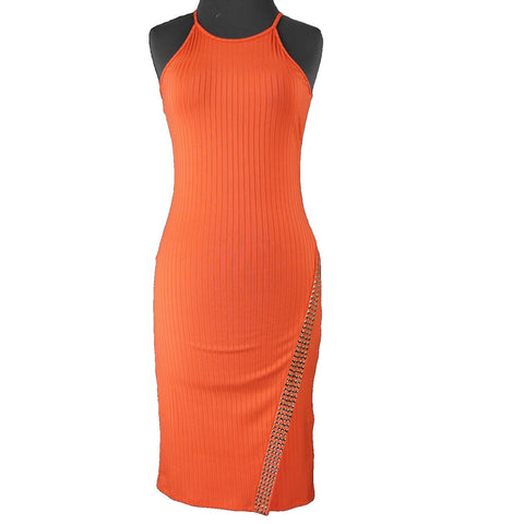 Bebe Sz SP Coral Orange Gold Studs Polyester Spandex Bodycon Dress