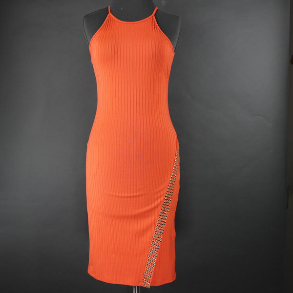 Bebe Sz SP Coral Orange Gold Studs Polyester Spandex Bodycon Dress