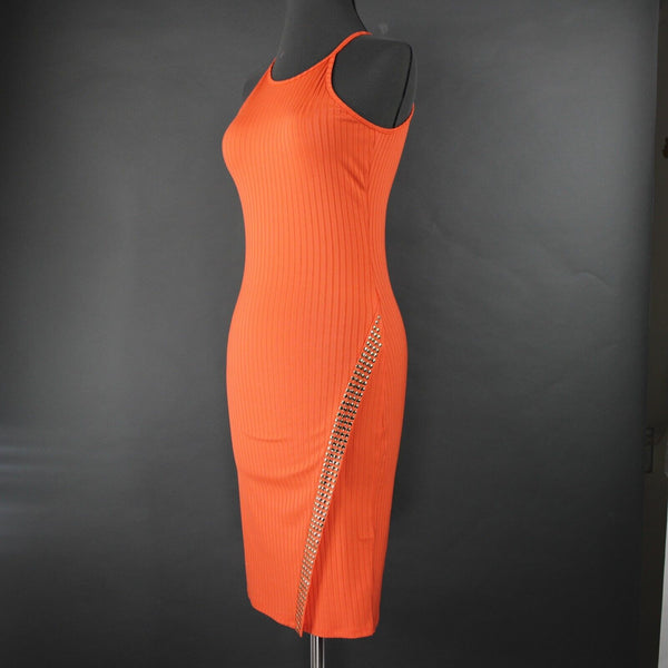 Bebe Sz SP Coral Orange Gold Studs Polyester Spandex Bodycon Dress