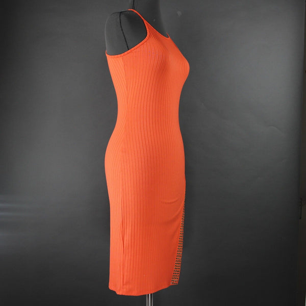 Bebe Sz SP Coral Orange Gold Studs Polyester Spandex Bodycon Dress
