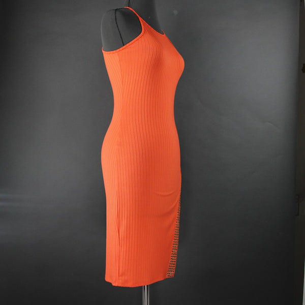Bebe Sz SP Coral Orange Gold Studs Polyester Spandex Bodycon Dress