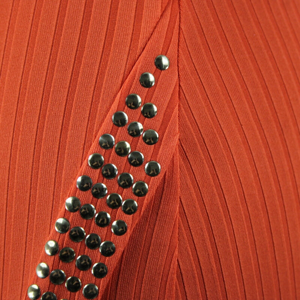 Bebe Sz SP Coral Orange Gold Studs Polyester Spandex Bodycon Dress