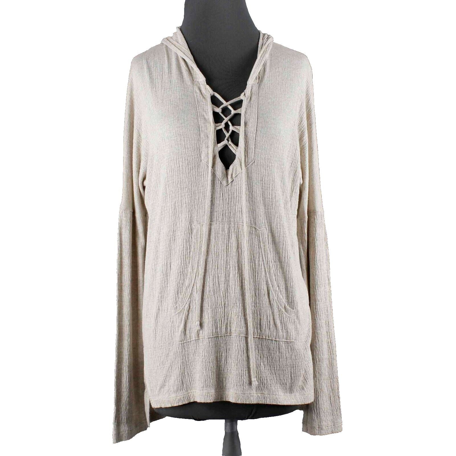 LNA Sz S Tan Heathered Hooded Laced Pullover Pocket Rayon Blend Knit Top