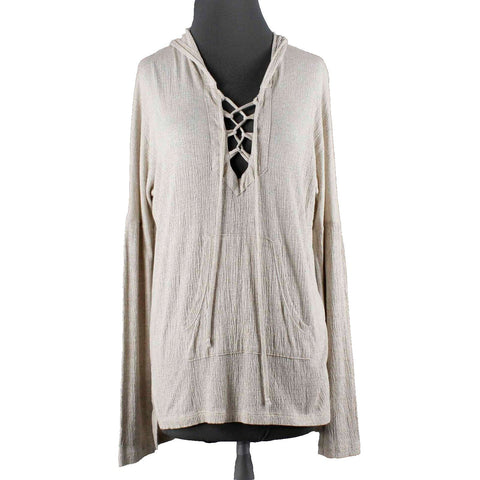 LNA Sz S Tan Heathered Hooded Laced Pullover Pocket Rayon Blend Knit Top
