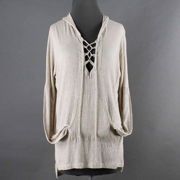 LNA Sz S Tan Heathered Hooded Laced Pullover Pocket Rayon Blend Knit Top