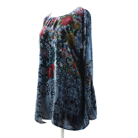 Johnny Was NEW Glen Dolman Sz S Blue Burgundy Multi Velour Rayon Silk Top