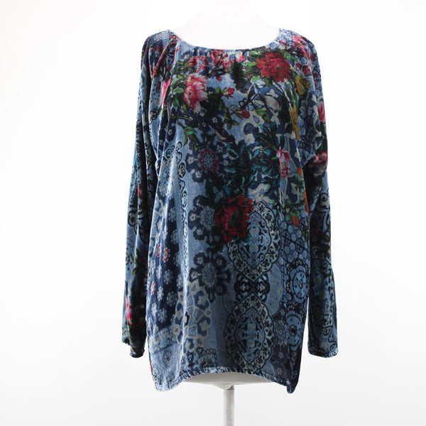 Johnny Was NEW Glen Dolman Sz S Blue Burgundy Multi Velour Rayon Silk Top