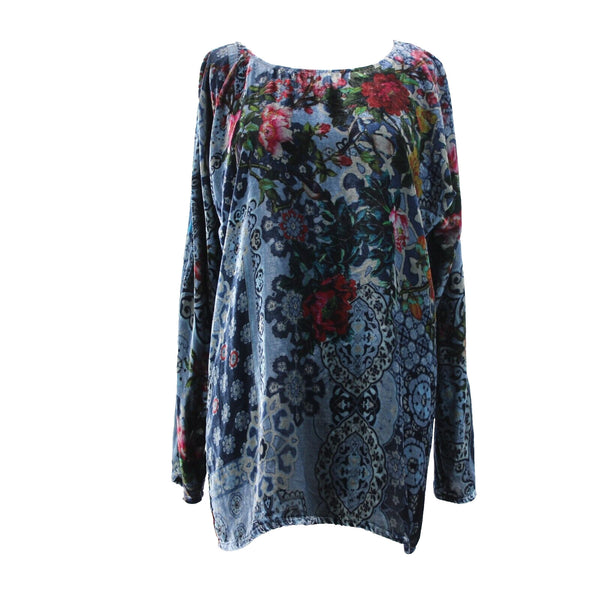 Johnny Was NEW Glen Dolman Sz S Blue Burgundy Multi Velour Rayon Silk Top