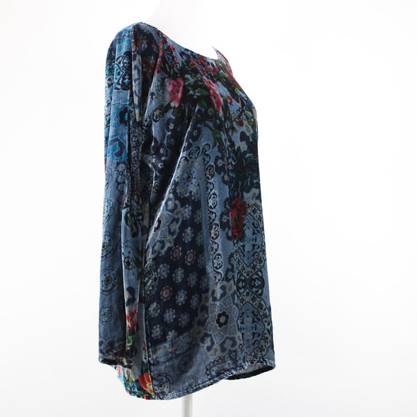 Johnny Was NEW Glen Dolman Sz S Blue Burgundy Multi Velour Rayon Silk Top