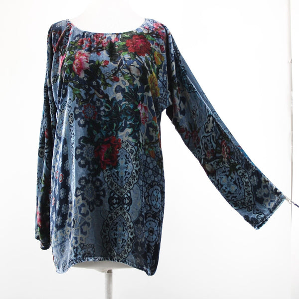 Johnny Was NEW Glen Dolman Sz S Blue Burgundy Multi Velour Rayon Silk Top