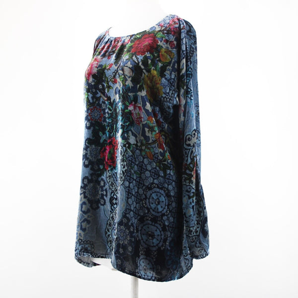 Johnny Was NEW Glen Dolman Sz S Blue Burgundy Multi Velour Rayon Silk Top