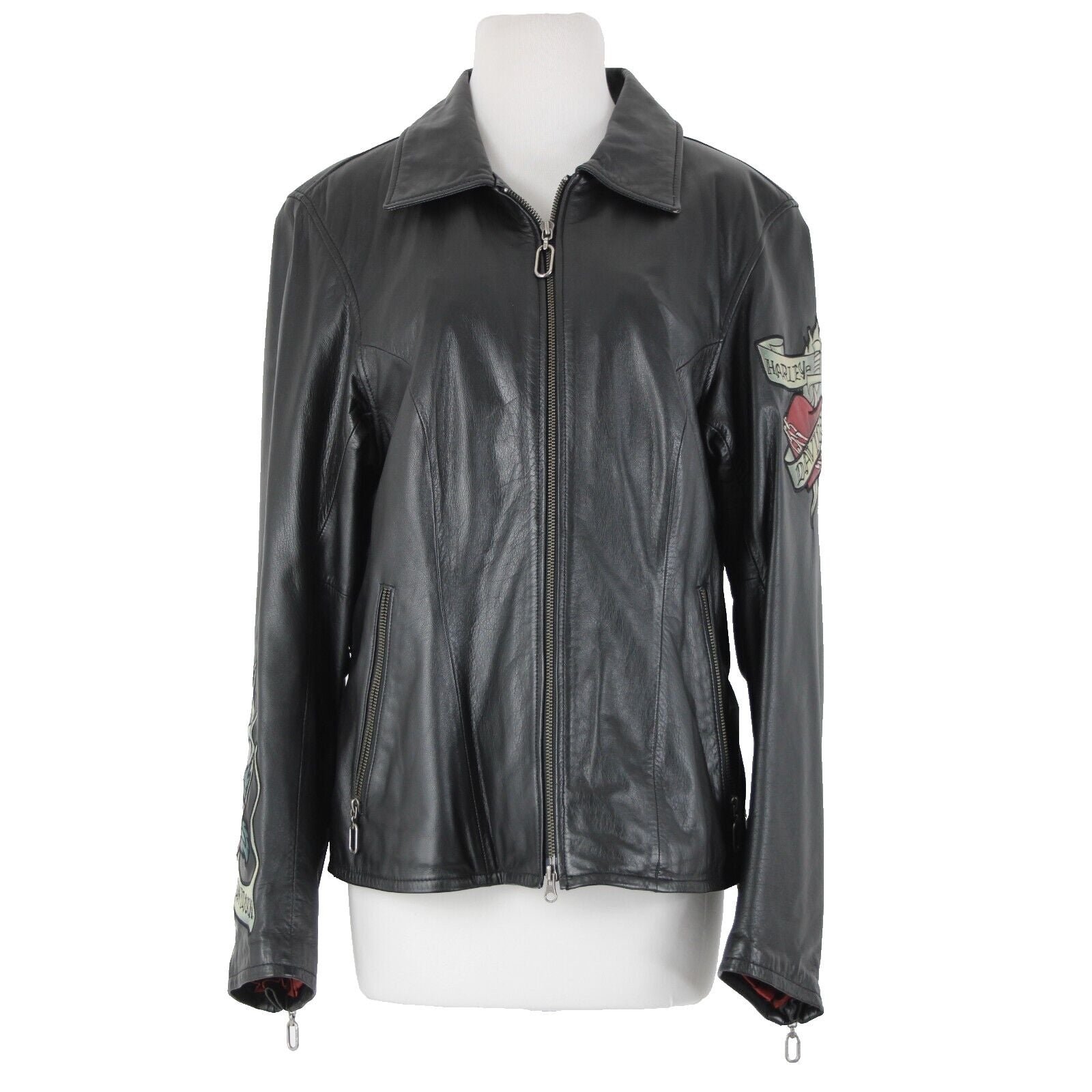 Harley Davidson Sz S Black Multi Color Rose Heart Collared Leather Poly Jacket