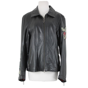 Harley Davidson Sz S Black Multi Color Rose Heart Collared Leather Poly Jacket