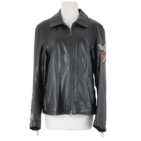 Harley Davidson Sz S Black Multi Color Rose Heart Collared Leather Poly Jacket