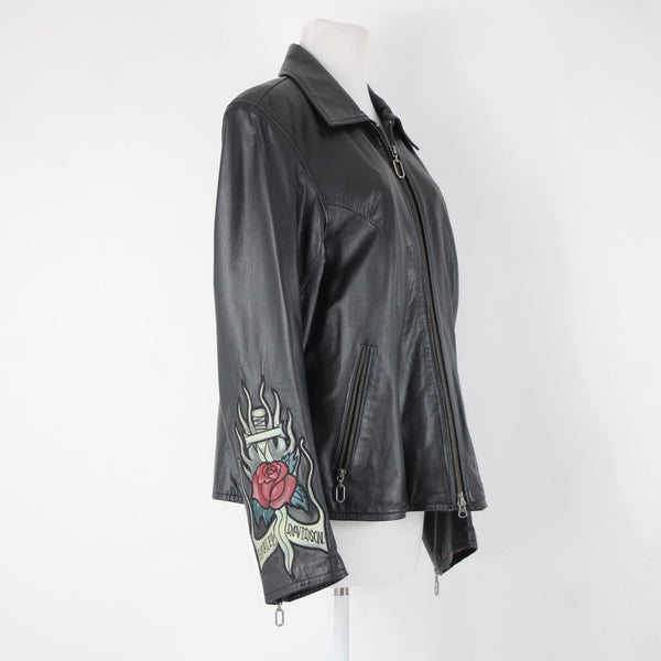 Harley Davidson Sz S Black Multi Color Rose Heart Collared Leather Poly Jacket