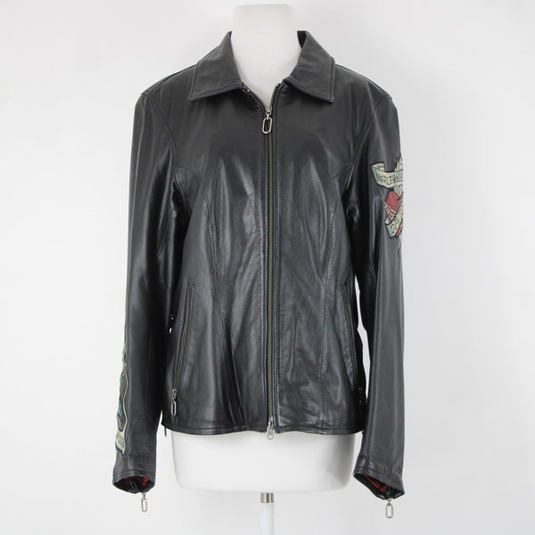 Harley Davidson Sz S Black Multi Color Rose Heart Collared Leather Poly Jacket