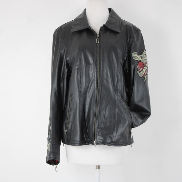 Harley Davidson Sz S Black Multi Color Rose Heart Collared Leather Poly Jacket