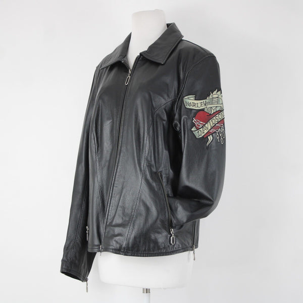 Harley Davidson Sz S Black Multi Color Rose Heart Collared Leather Poly Jacket