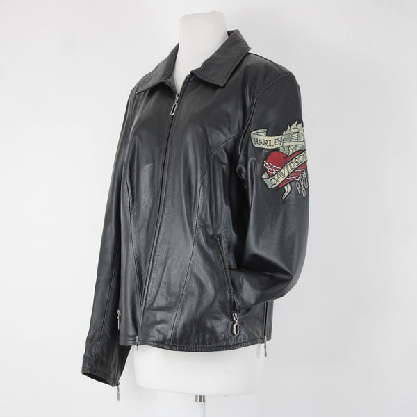Harley Davidson Sz S Black Multi Color Rose Heart Collared Leather Poly Jacket