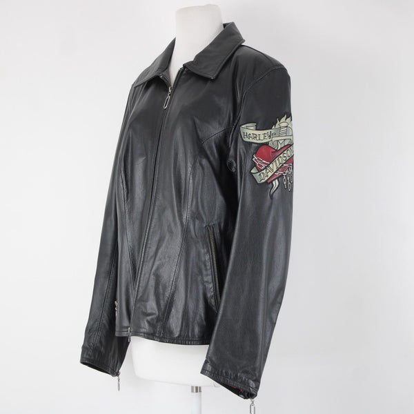 Harley Davidson Sz S Black Multi Color Rose Heart Collared Leather Poly Jacket