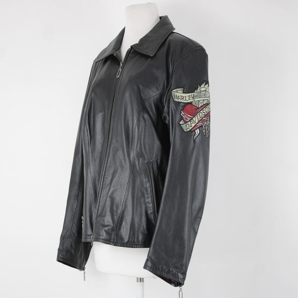 Harley Davidson Sz S Black Multi Color Rose Heart Collared Leather Poly Jacket