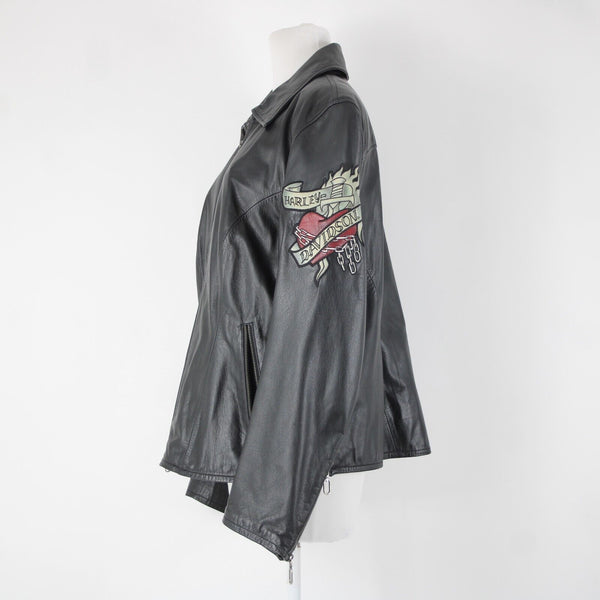 Harley Davidson Sz S Black Multi Color Rose Heart Collared Leather Poly Jacket