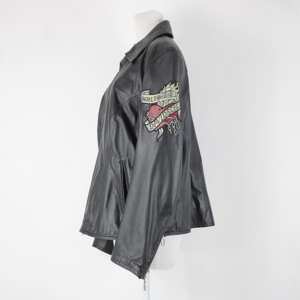 Harley Davidson Sz S Black Multi Color Rose Heart Collared Leather Poly Jacket