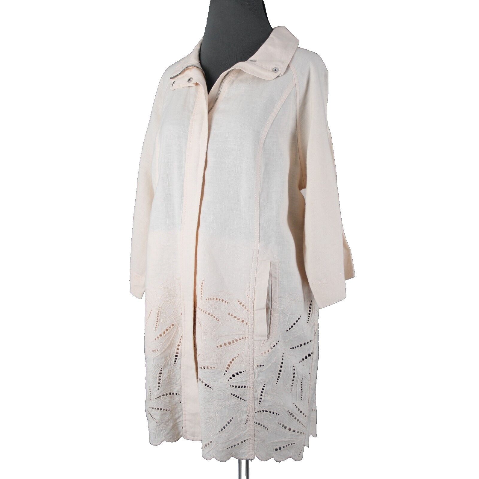 Chicos NEW $149 Sz L Calm Shell Peach Pockets Cut Work 100% Linen Poly Jacket