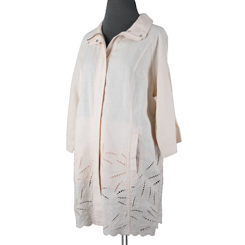 Chicos NEW $149 Sz L Calm Shell Peach Pockets Cut Work 100% Linen Poly Jacket