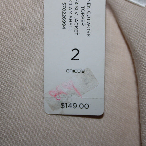 Chicos NEW $149 Sz L Calm Shell Peach Pockets Cut Work 100% Linen Poly Jacket