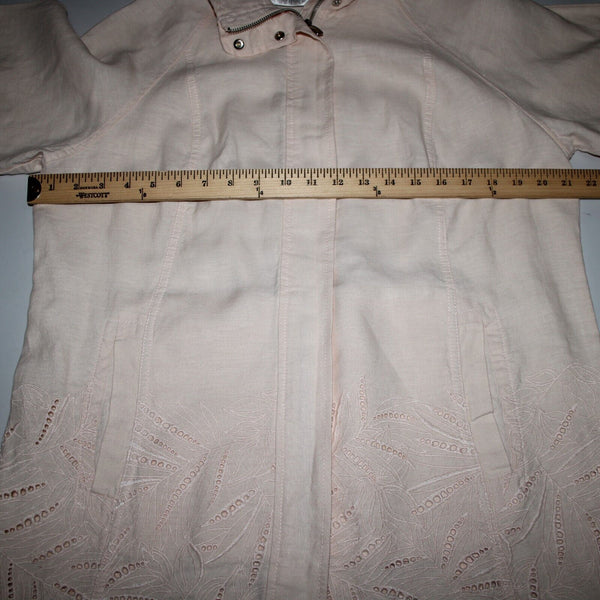 Chicos NEW $149 Sz L Calm Shell Peach Pockets Cut Work 100% Linen Poly Jacket
