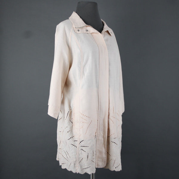 Chicos NEW $149 Sz L Calm Shell Peach Pockets Cut Work 100% Linen Poly Jacket