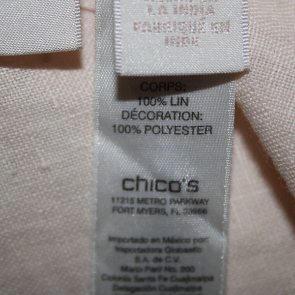 Chicos NEW $149 Sz L Calm Shell Peach Pockets Cut Work 100% Linen Poly Jacket