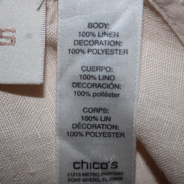 Chicos NEW $149 Sz L Calm Shell Peach Pockets Cut Work 100% Linen Poly Jacket