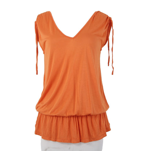 French Connection Top Sz XS Orange V Neck Ruffled Ruched Shoulder 100% Rayon Top