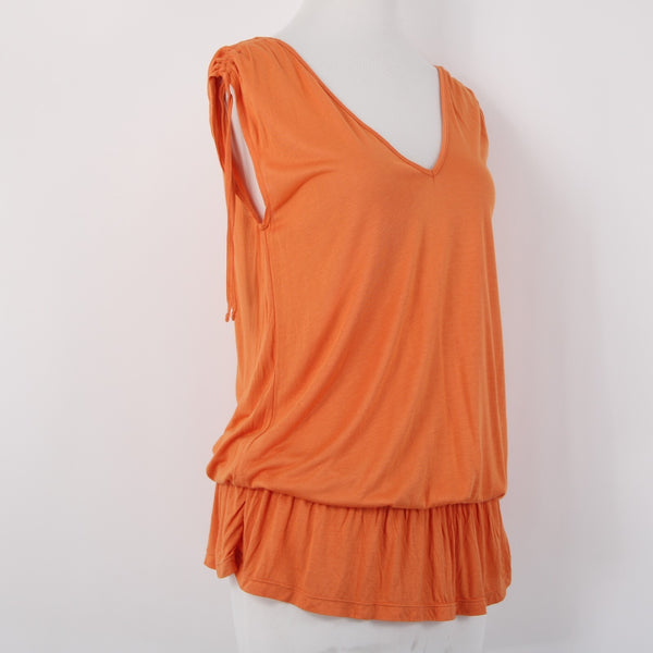 French Connection Top Sz XS Orange V Neck Ruffled Ruched Shoulder 100% Rayon Top