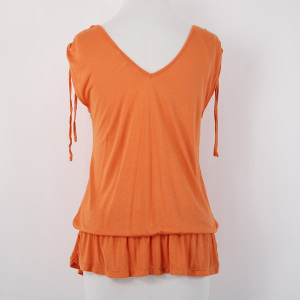 French Connection Top Sz XS Orange V Neck Ruffled Ruched Shoulder 100% Rayon Top