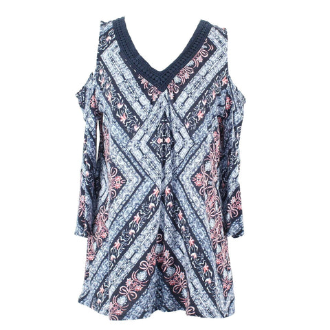 Style Co Sz S Navy Blue Multi Cold Shoulder Lace Trim Cotton Modal Top