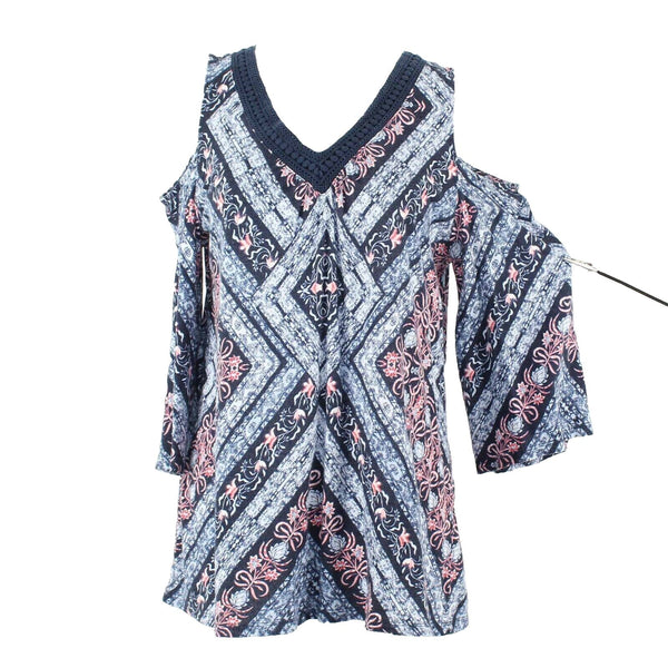 Style Co Sz S Navy Blue Multi Cold Shoulder Lace Trim Cotton Modal Top