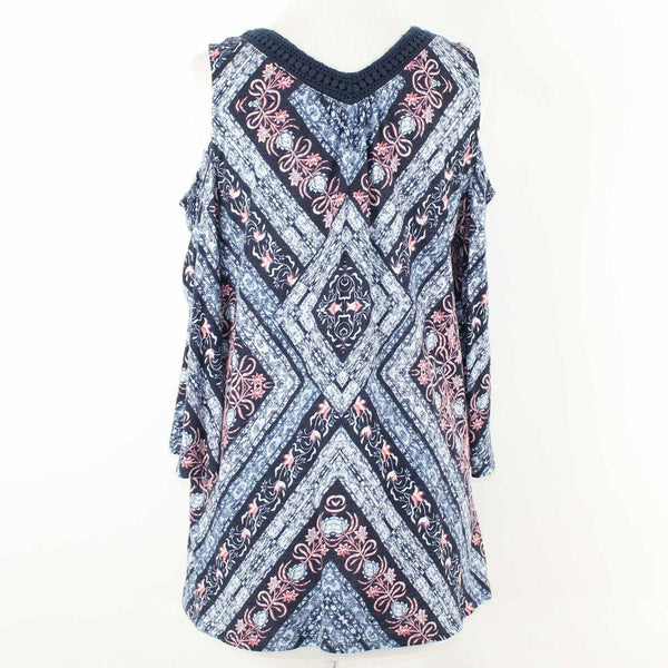 Style Co Sz S Navy Blue Multi Cold Shoulder Lace Trim Cotton Modal Top