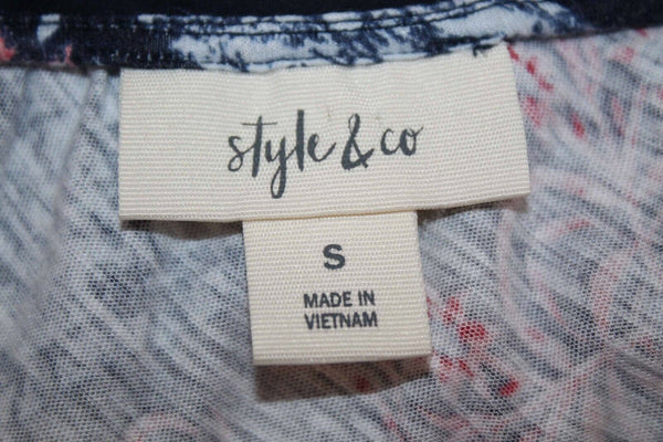 Style Co Sz S Navy Blue Multi Cold Shoulder Lace Trim Cotton Modal Top