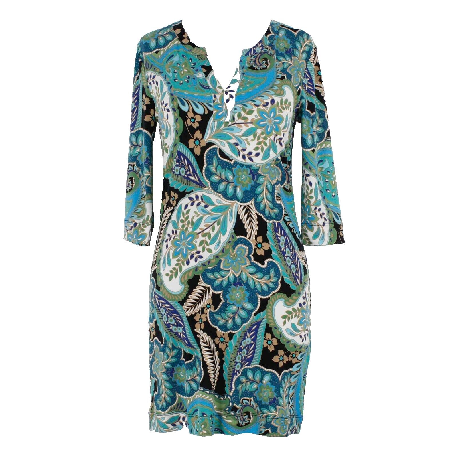Banana Republic Sz XS Blue Green Black V Neck Mid Sleeve Polyester Spandex Dress