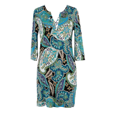 Banana Republic Sz XS Blue Green Black V Neck Mid Sleeve Polyester Spandex Dress