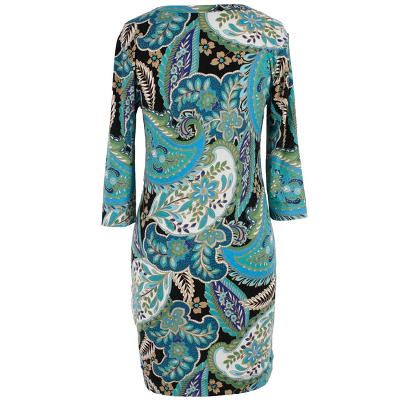 Banana Republic Sz XS Blue Green Black V Neck Mid Sleeve Polyester Spandex Dress
