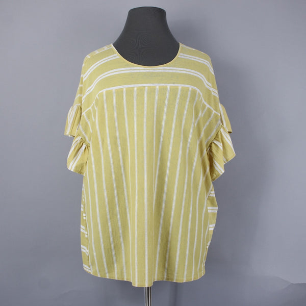 Lucky Brand NEW $50 Sz 2X Yellow White Ruffle Sleeves Striped Cotton Poly Top