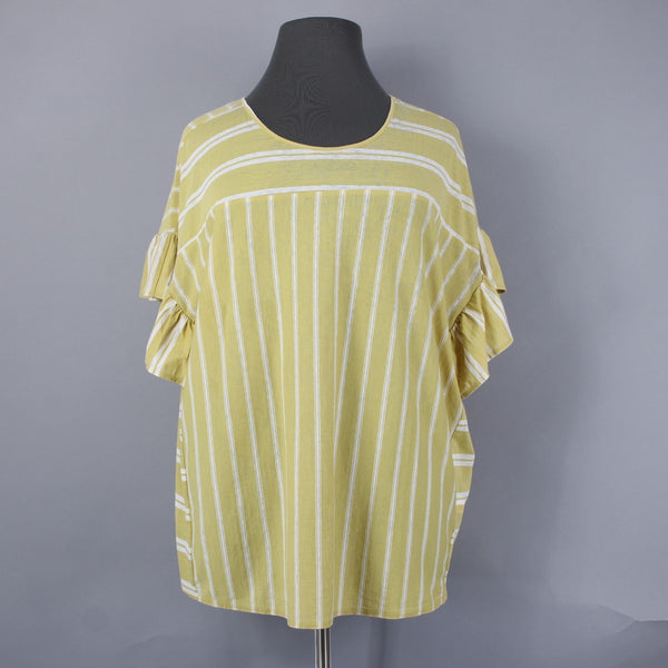 Lucky Brand NEW $50 Sz 2X Yellow White Ruffle Sleeves Striped Cotton Poly Top