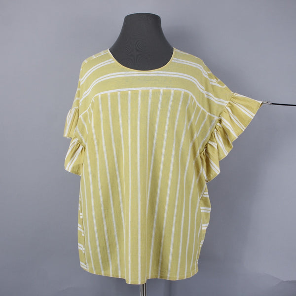 Lucky Brand NEW $50 Sz 2X Yellow White Ruffle Sleeves Striped Cotton Poly Top