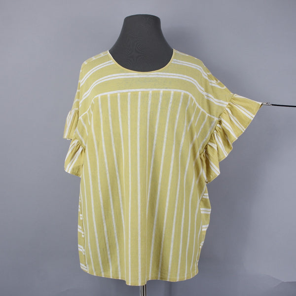 Lucky Brand NEW $50 Sz 2X Yellow White Ruffle Sleeves Striped Cotton Poly Top