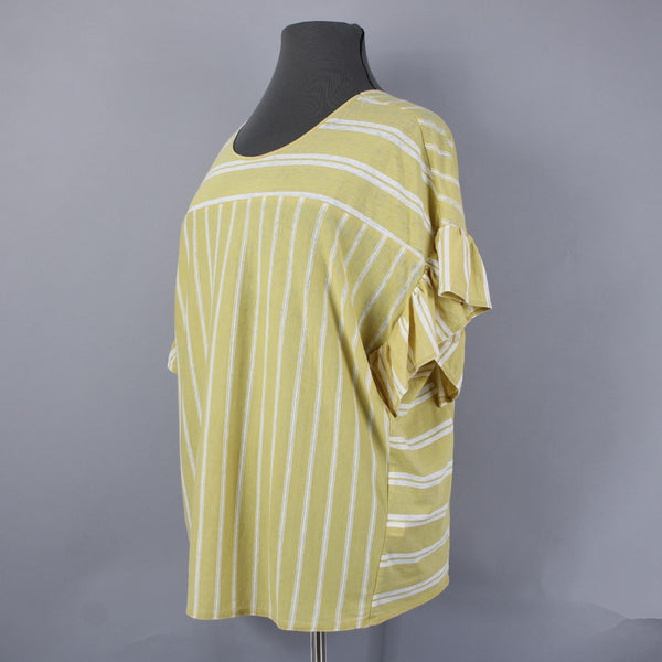 Lucky Brand NEW $50 Sz 2X Yellow White Ruffle Sleeves Striped Cotton Poly Top